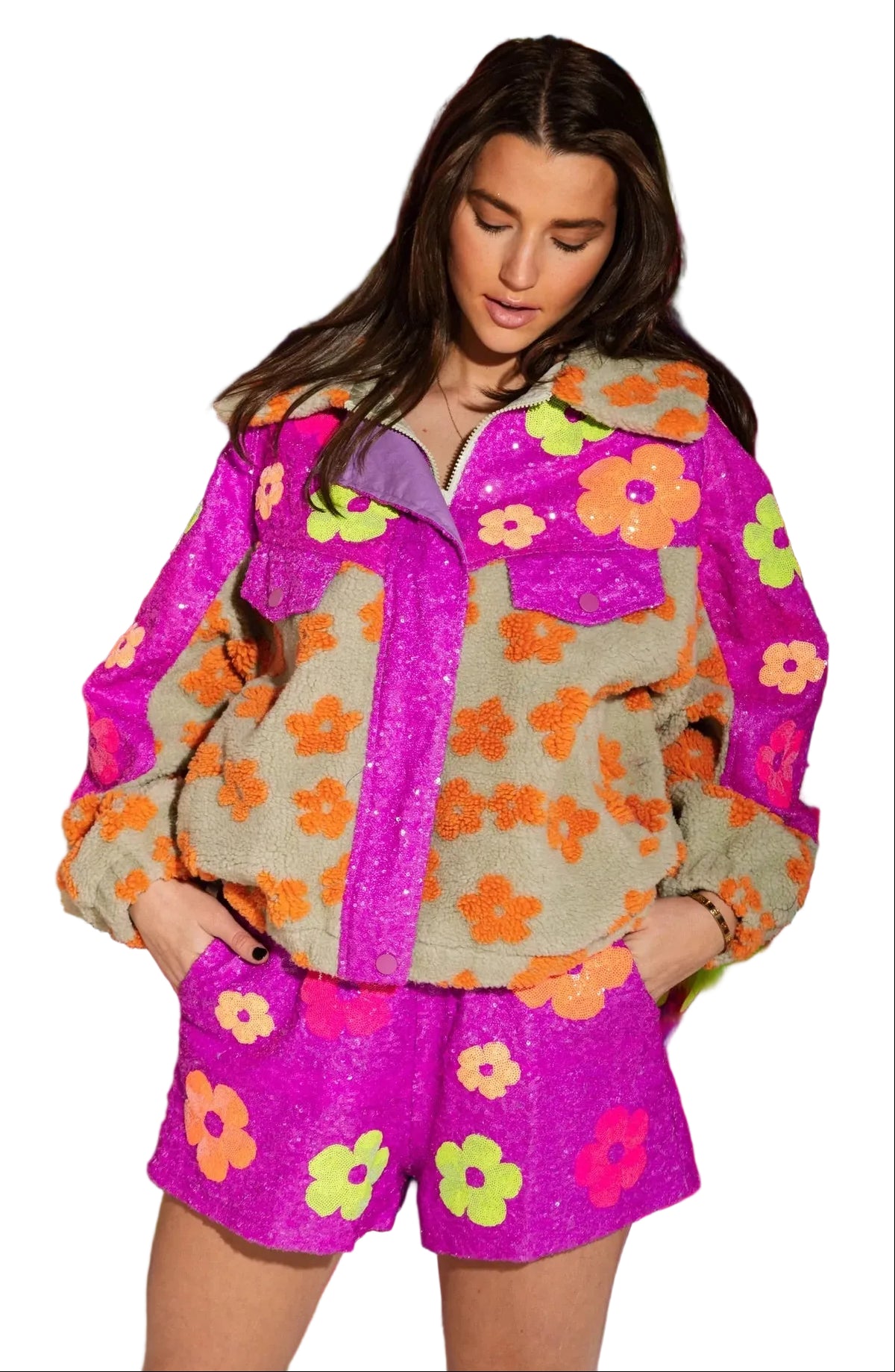 Queen of Sparkles Neon Purple Sequin Flower Short