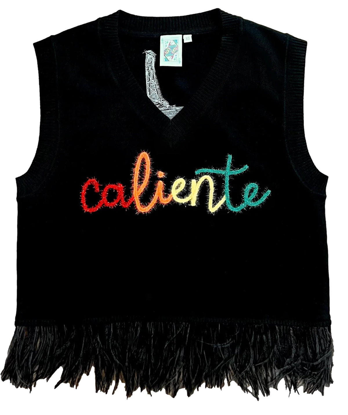Front view of the black sleeveless Caliente sweater tank with multicolored lettering and a black feathered hem.