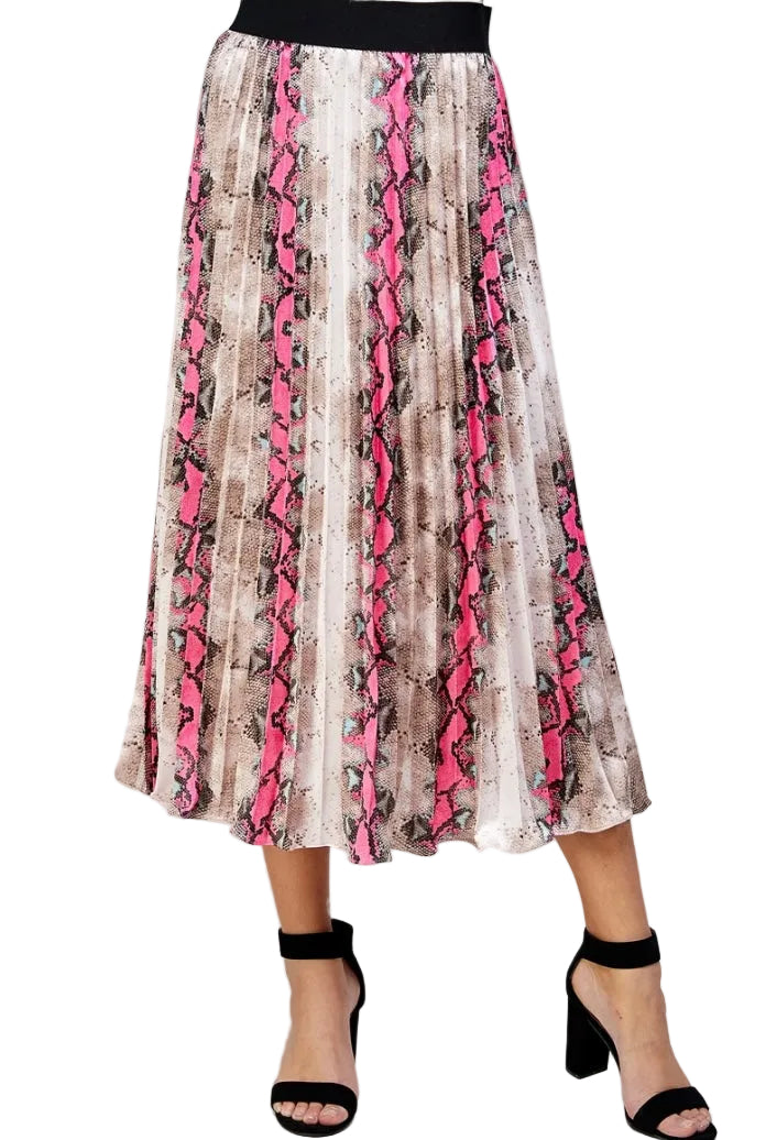 Animal Print Pleats Midi Skirt - Hot Pink