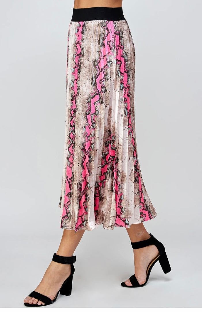 Animal Print Pleats Midi Skirt - Hot Pink