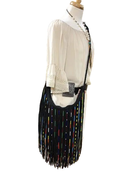 Fringe Leather Beaded Crossbody Purse - Black