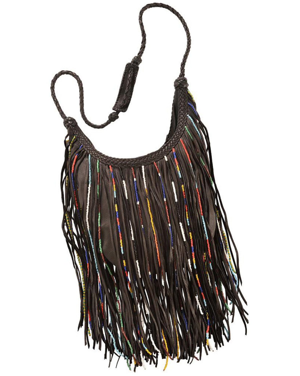 Fringe Leather Beaded Crossbody Purse - Brown by kobler