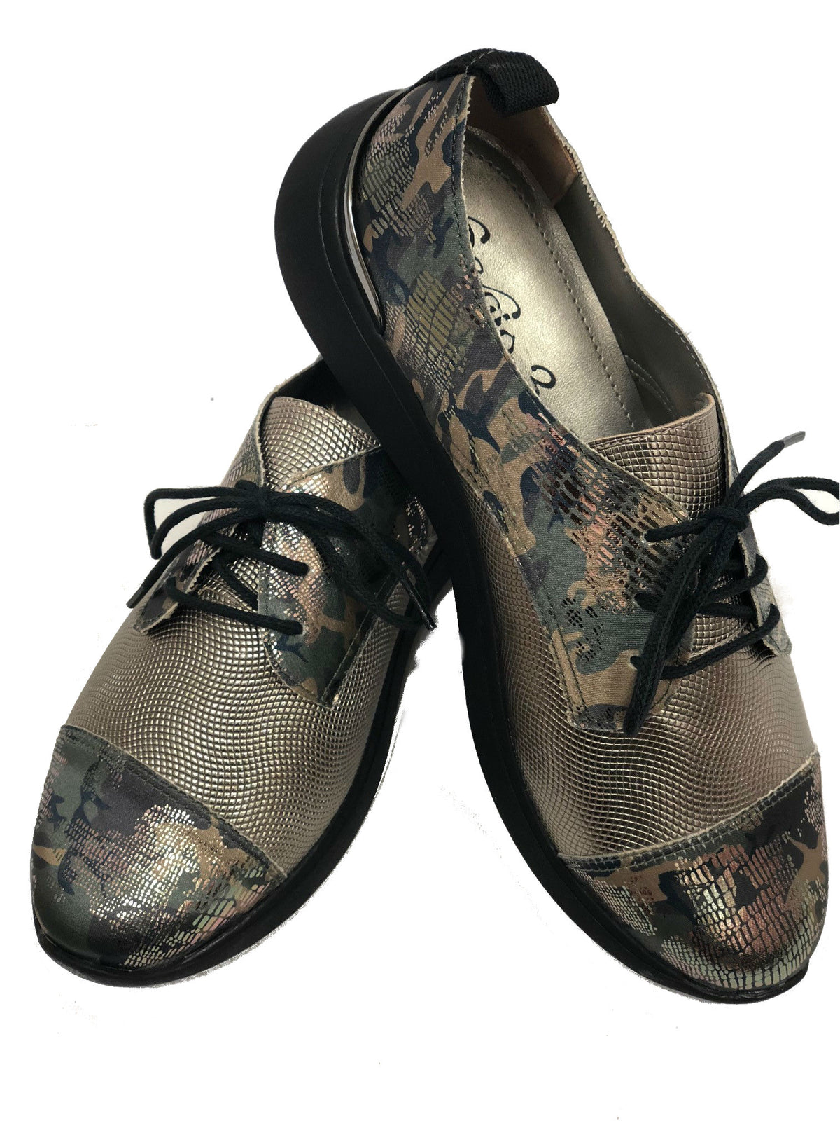 women camo metallic leather tie flat casual tennis comfort