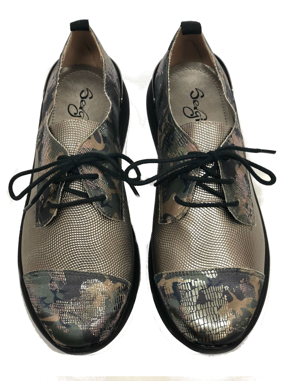 women camo metallic leather tie flat casual tennis comfort