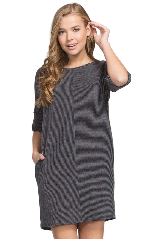dress knit loose fit round neck three quarter sleeve drop shoulder pockets stretch knit banded sleeves