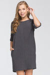 dress knit loose fit round neck three quarter sleeve drop shoulder pockets stretch knit banded sleeves