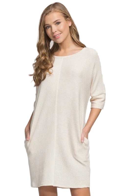 dress knit loose fit round neck three quarter sleeve drop shoulder pockets stretch knit banded sleeves