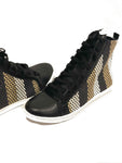 high top tennis shoe multi colored strip woven leather metallic gold black lace light weight fashion forward
