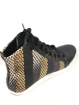 high top tennis shoe multi colored strip woven leather metallic gold black lace light weight fashion forward