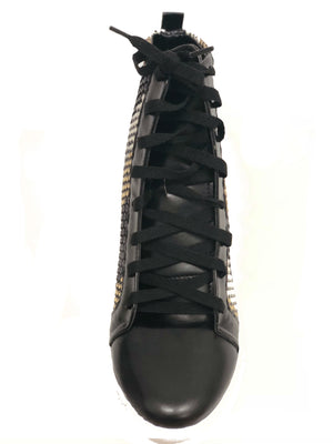 high top tennis shoe multi colored strip woven leather metallic gold black lace light weight fashion forward