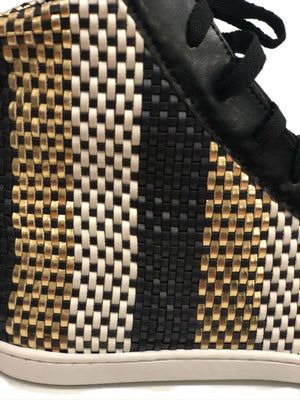 high top tennis shoe multi colored strip woven leather metallic gold black lace light weight fashion forward