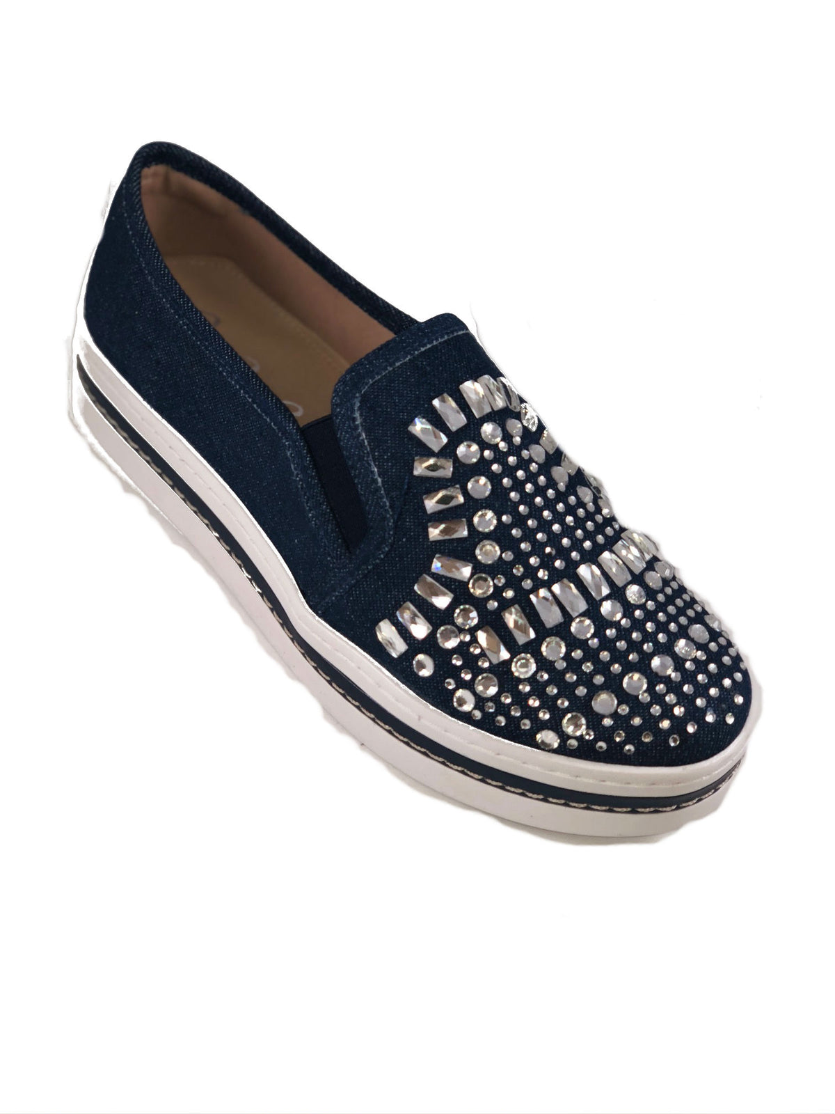denim slip on shoe with rhinestones and comfort insole flat boat shoe casual shoes with rhinestones