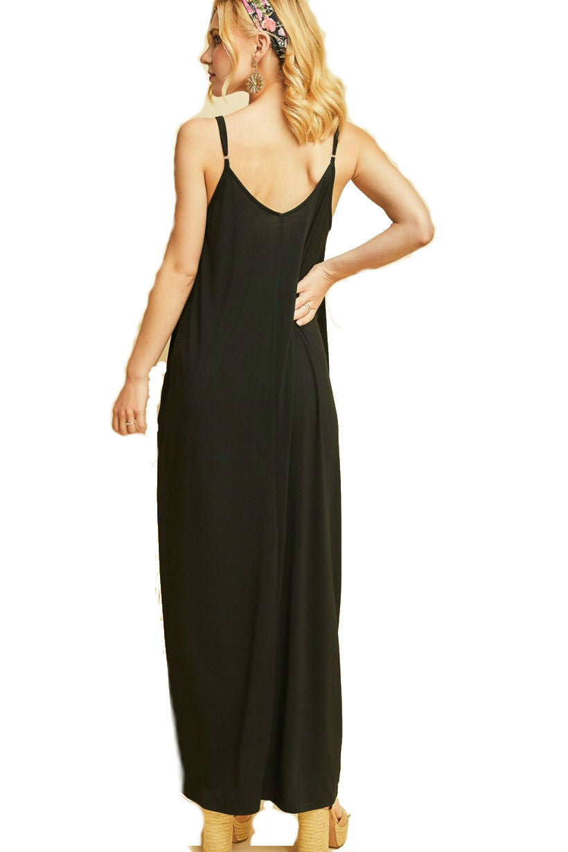 women maxi black knit pockets adjustable straps v neck flowy flattering