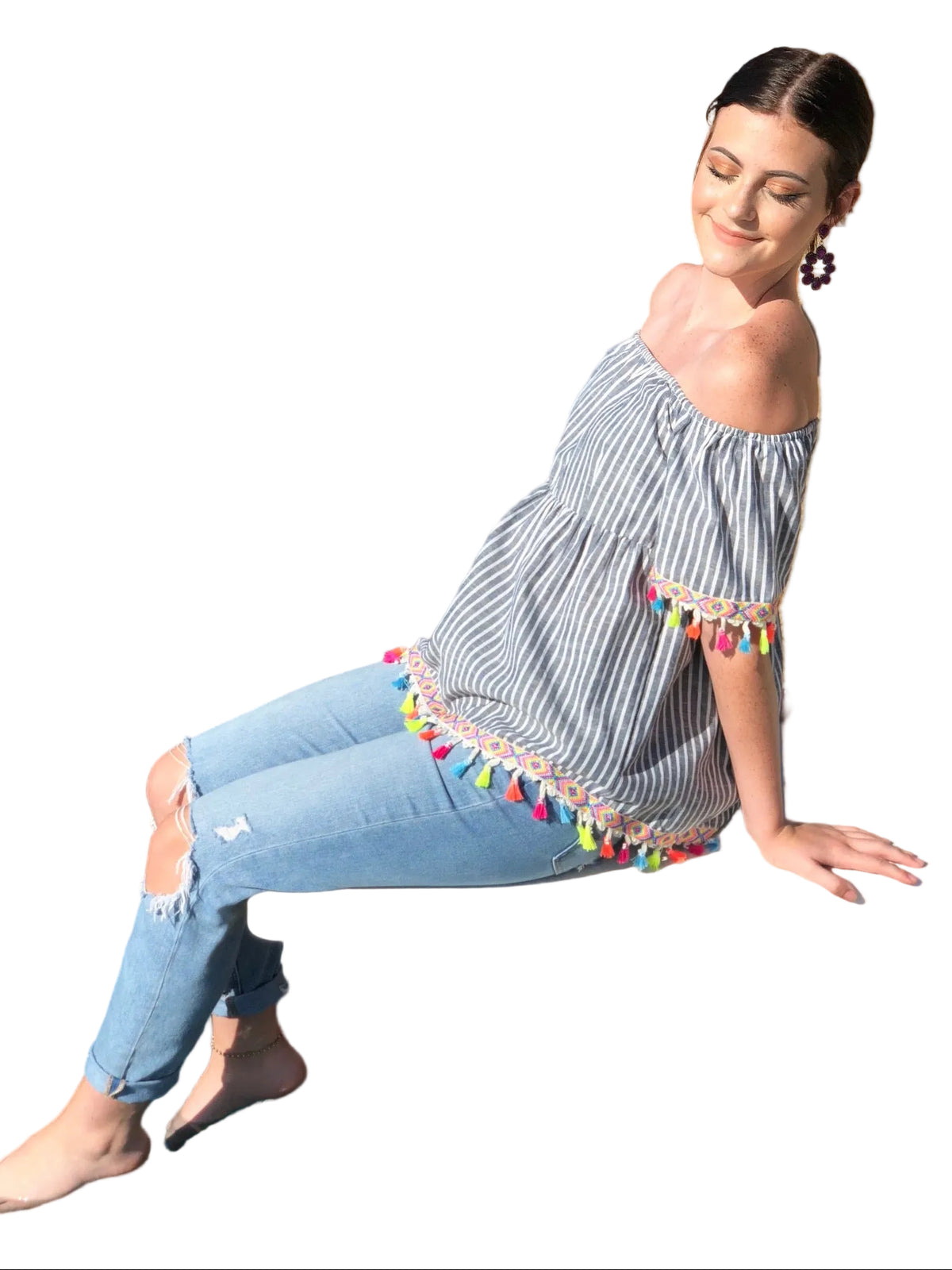 women pinstripe denim off shoulder tassel detail top