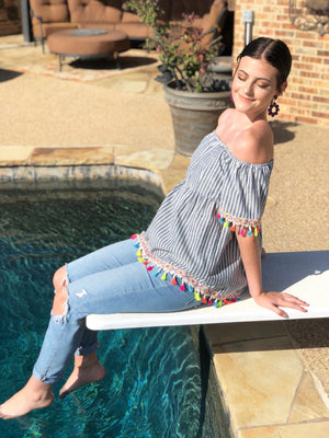 women pinstripe denim off shoulder tassel detail top