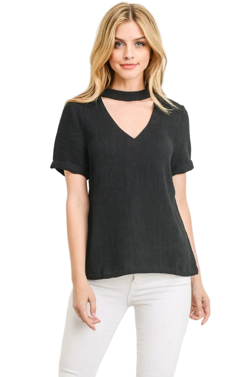 women White mock neck choker short sleeve zipper in the back blouse