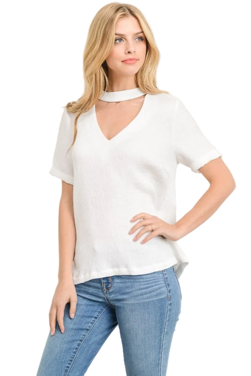 women White mock neck choker short sleeve zipper in the back blouse