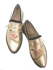 womens leather metallic slip flat comfort on loafer with zipper detail and embellished