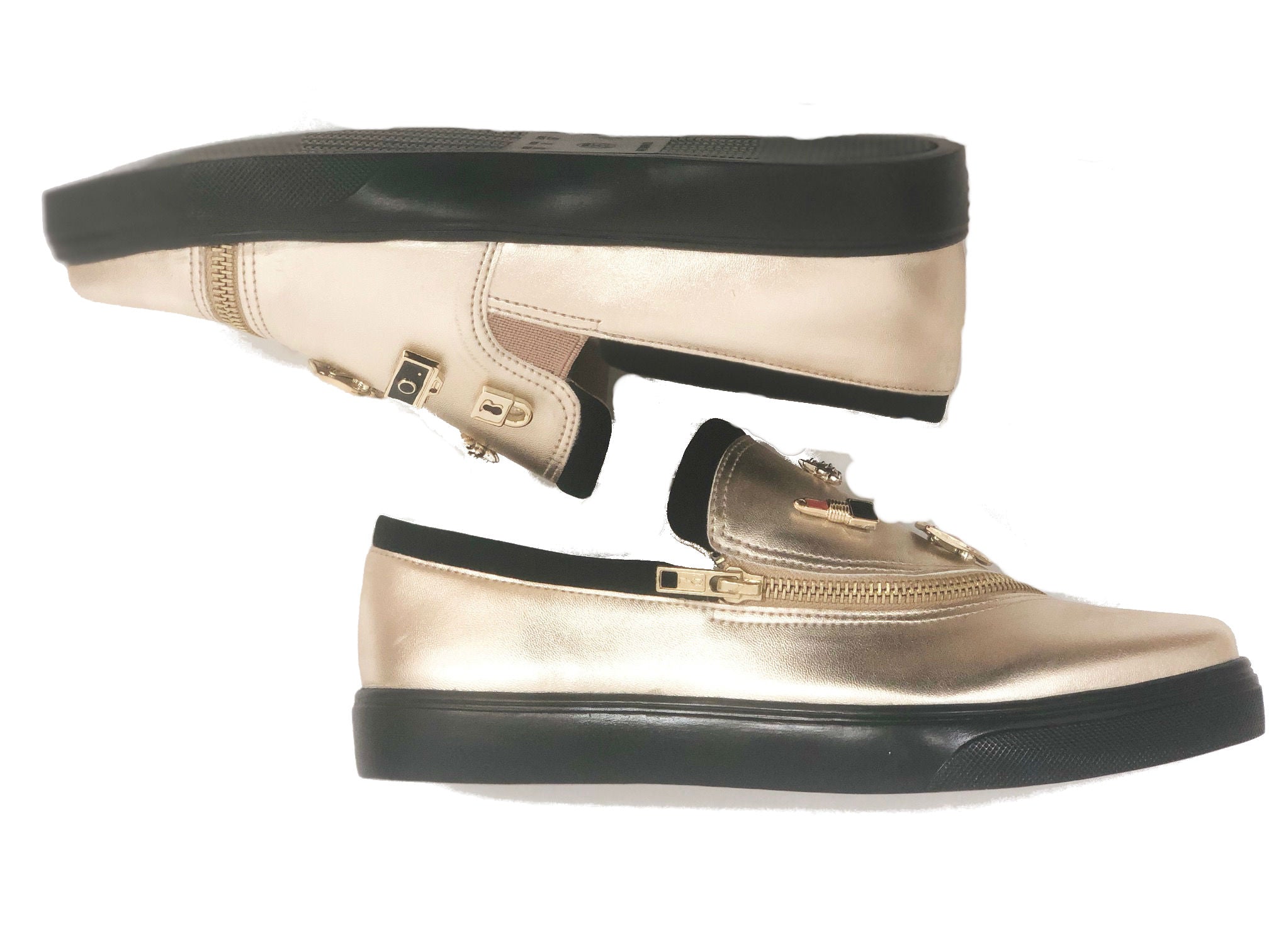 womens leather metallic slip flat comfort on loafer with zipper detail and embellished