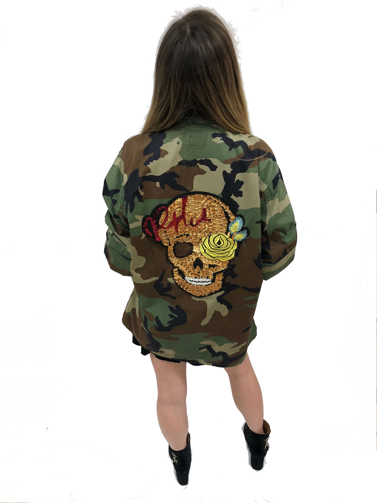 camo jacket skull sequin vintage rock band grunge street wear coat sequin