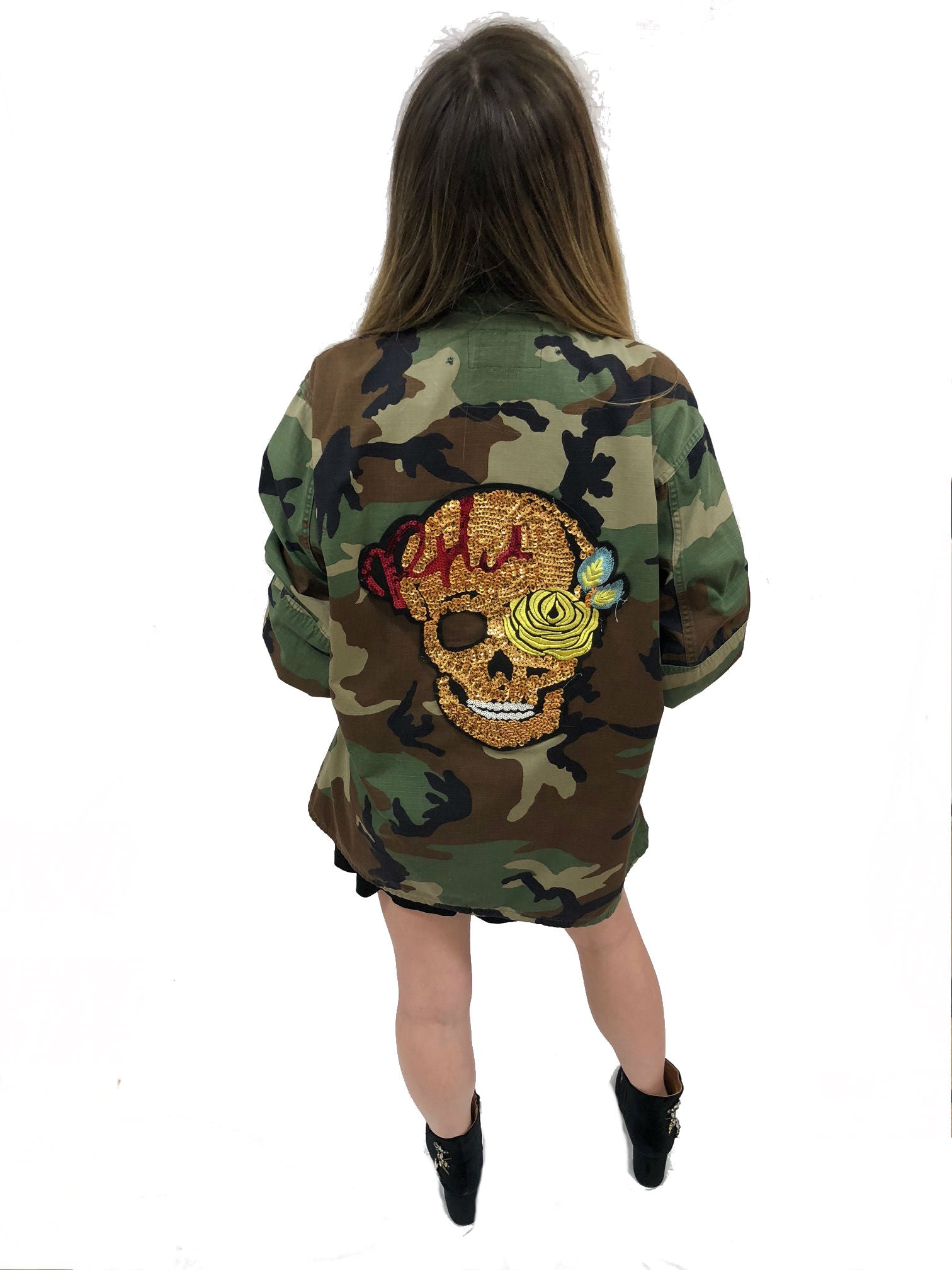 camo jacket skull sequin vintage rock band grunge street wear coat sequin