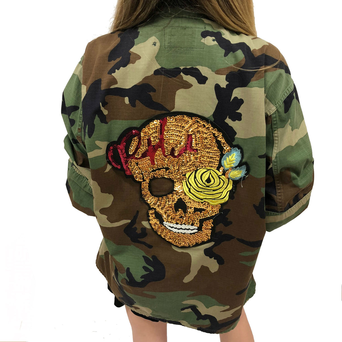 camo jacket skull sequin vintage rock band grunge street wear coat sequin