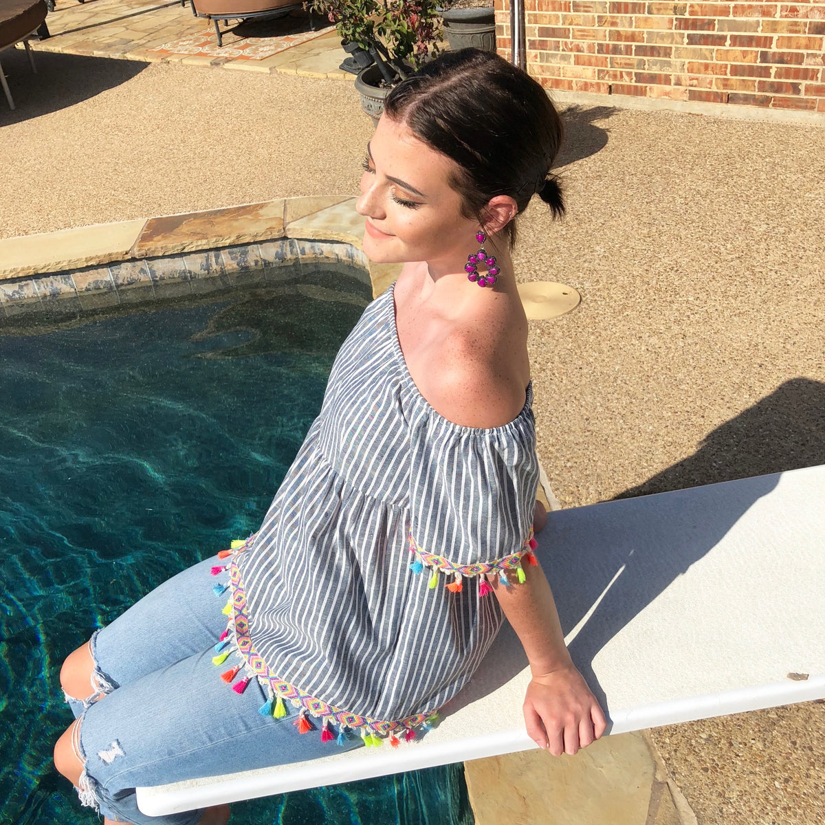 women pinstripe denim off shoulder tassel detail top