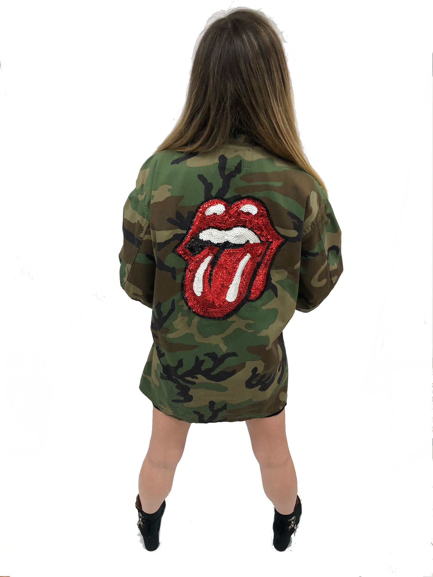 camo jacket rolling stones sticky finger vintage rock band grunge street wear coat sequin