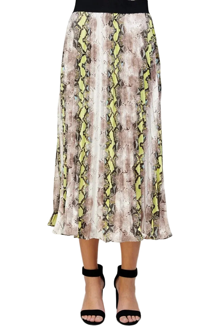 Animal Print Pleats Midi Skirt - Neon Yellow/Green