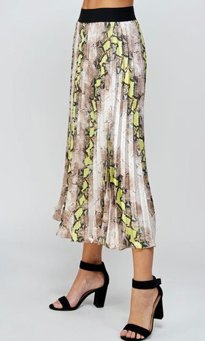 Animal Print Pleats Midi Skirt - Neon Yellow/Green