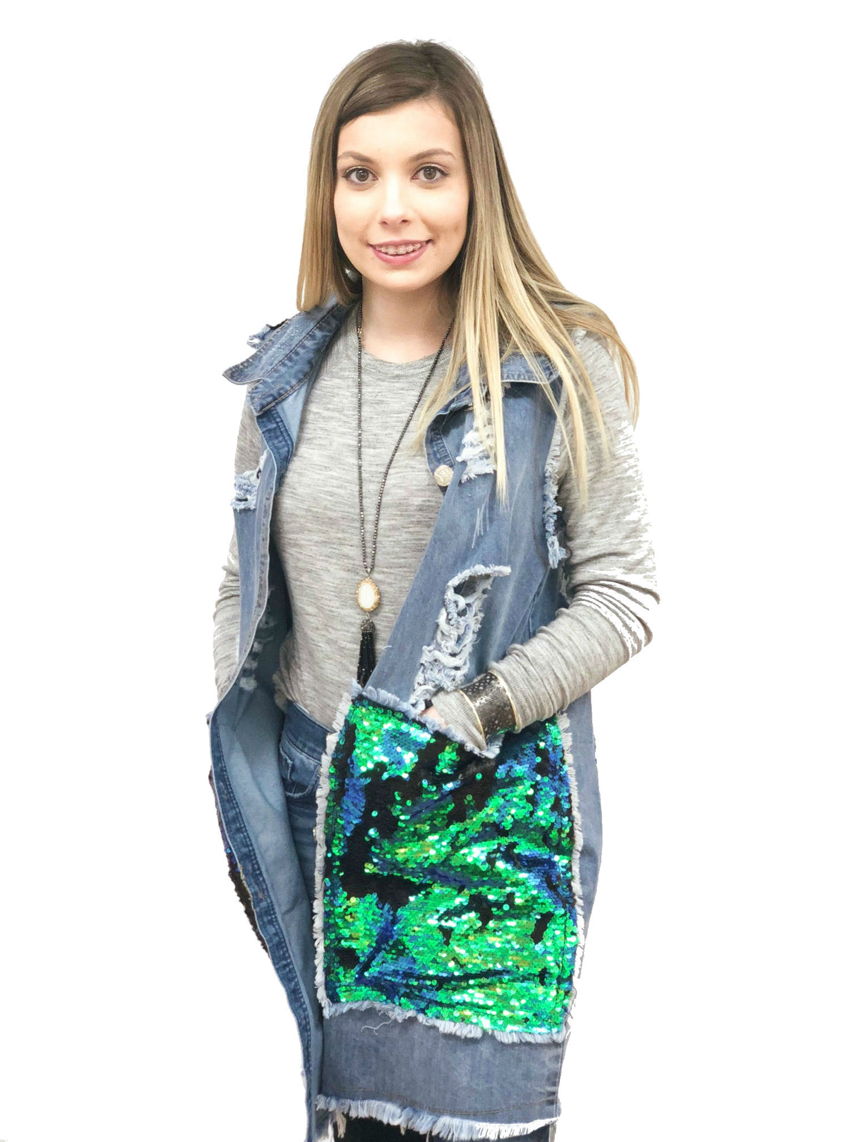 sequin destressed vest womens amazon street style mermaid long pockets plus size colorful ASOS  Roamans Cichic Missguided 