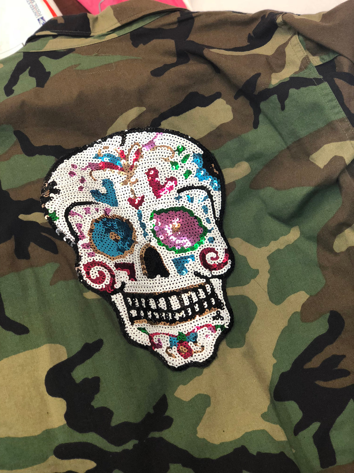camo jacket sugar skull sequin vintage rock band grunge street wear coat sequin