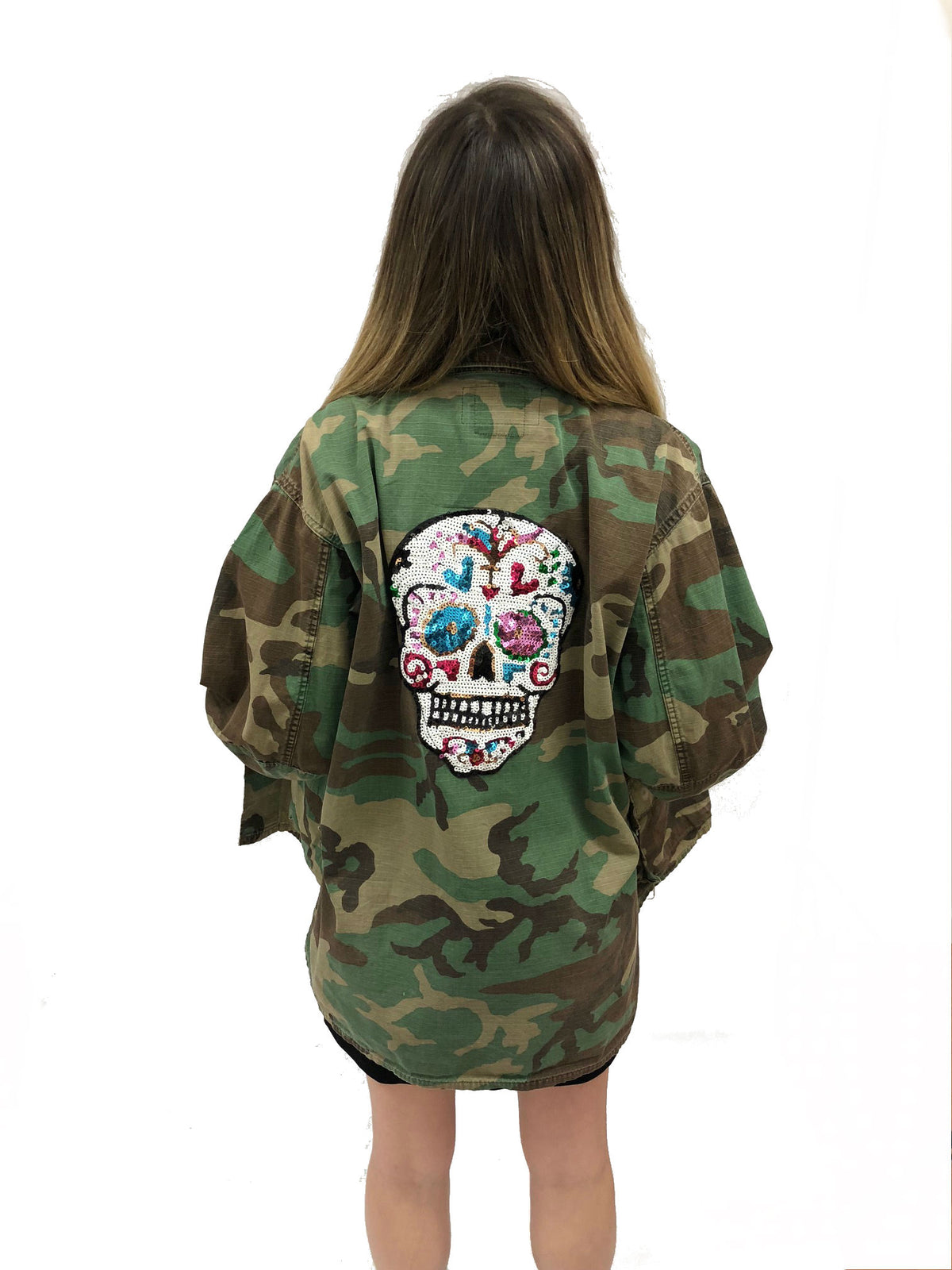 camo jacket sugar skull sequin vintage rock band grunge street wear coat sequin